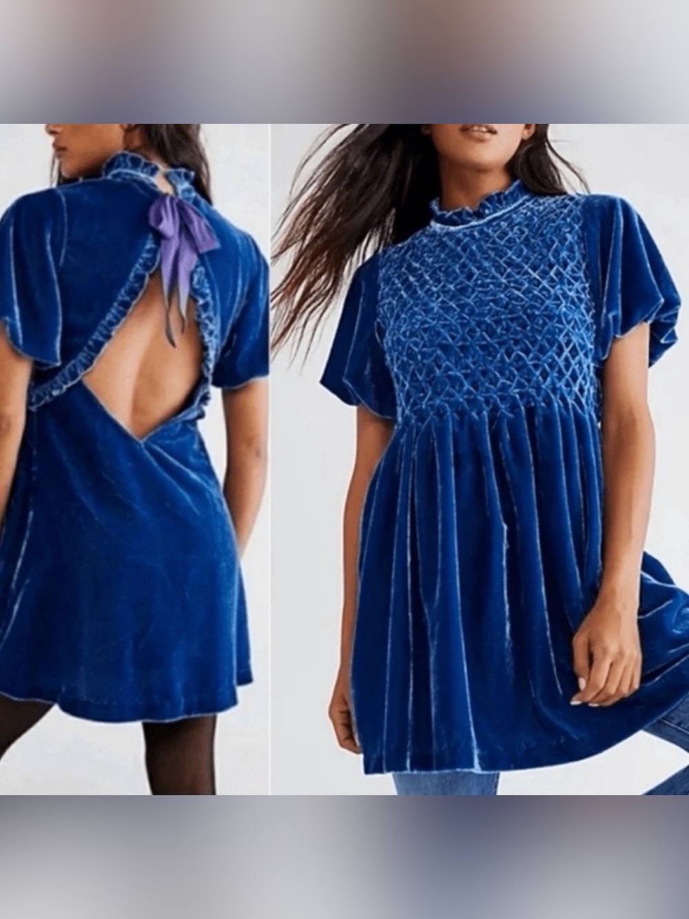 ✨ Free People Gum Drop Velvet Open Back Mini Dress Deep River Blue Sjze Medium